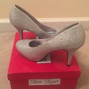 Silver 3.5 inch heels with rhinestones